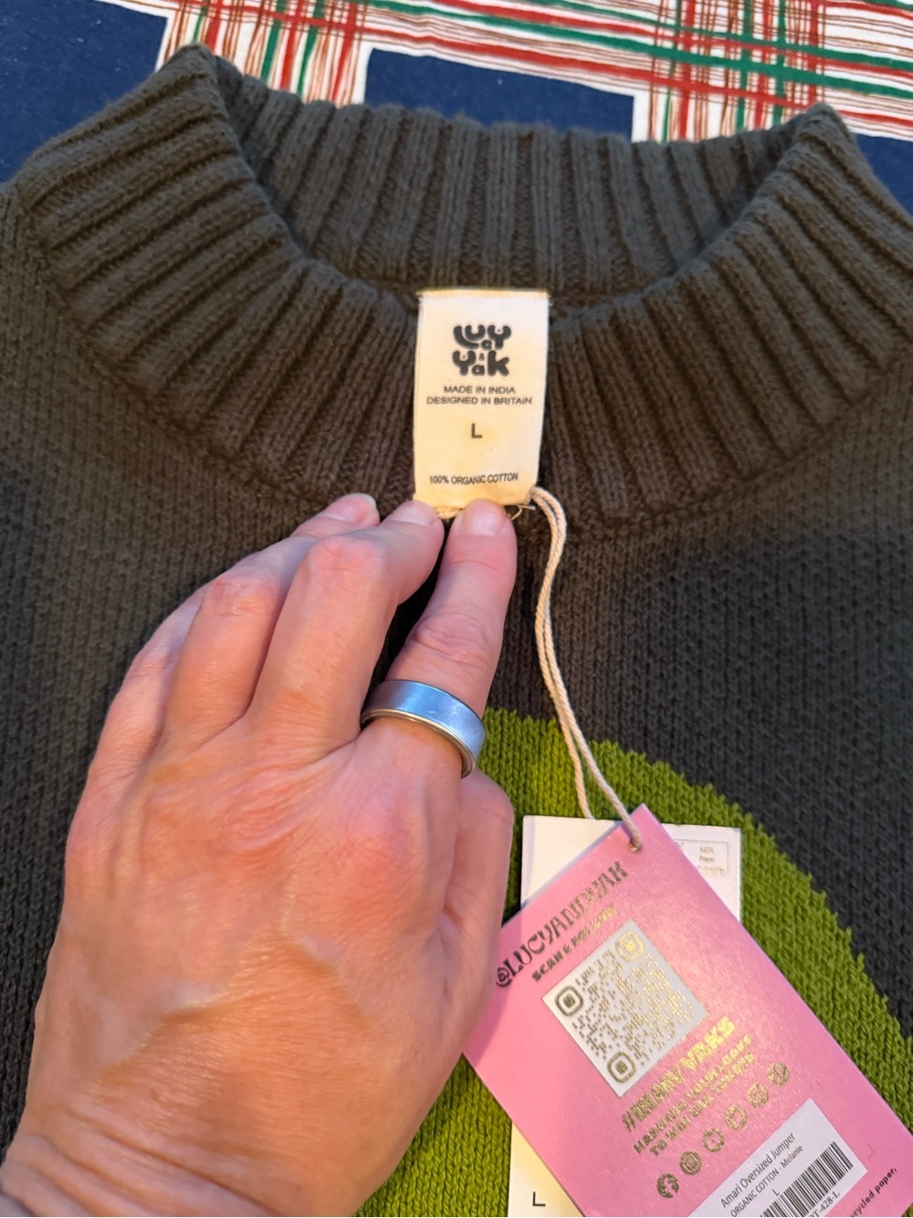 Lucy & Yak Olive Green Sweater with Lime Green Flower - Picture 4 of 7